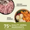 Acana Sport & Agility Dog Food ingredients graphic showing chicken, wild flounder, apple, and pumpkin with 75% quality animal ingredients