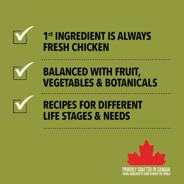 Acana Sport & Agility Dog Food benefits graphic highlighting fresh chicken, balanced botanicals, and recipes for all life stages