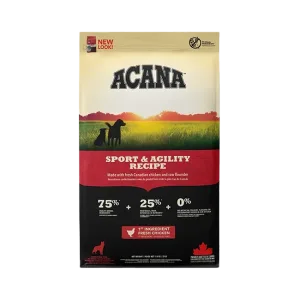 Front of Acana Sport & Agility Dog Food bag featuring fresh Canadian chicken and raw flounder for active dogs