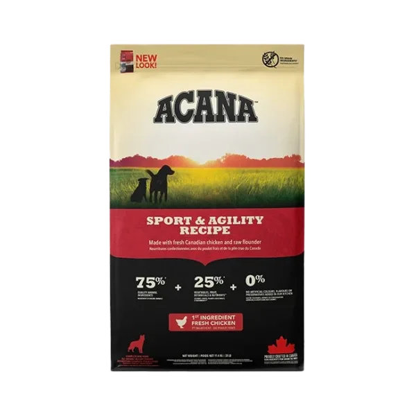 Front of Acana Sport & Agility Dog Food bag featuring fresh Canadian chicken and raw flounder for active dogs