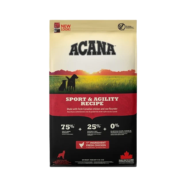 Front of Acana Sport & Agility Dog Food bag featuring fresh Canadian chicken and raw flounder for active dogs