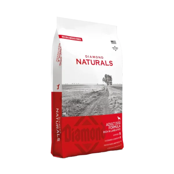 Angled front-right view of Diamond Naturals Adult Dog Food bag, lamb and rice recipe with pasture-raised lamb protein