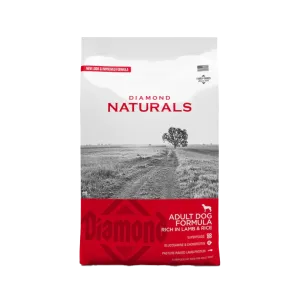 Front of Diamond Naturals Adult Dog Food bag, lamb and rice recipe with glucosamine, chondroitin, and pasture-raised lamb protein