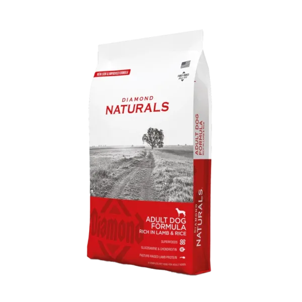 Angled front-left view of Diamond Naturals Adult Dog Food bag, lamb and rice formula with glucosamine, chondroitin, and complete adult nutrition