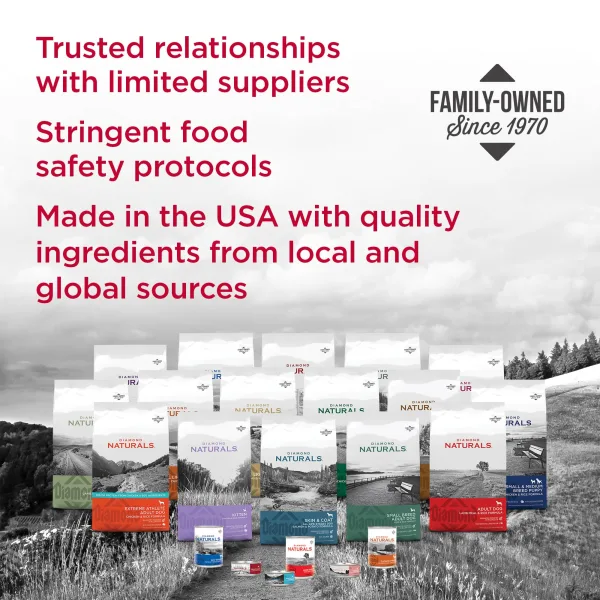 Diamond Naturals pet food product lineup with brand message highlighting trusted suppliers, USA-made quality, and family-owned values