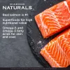 Fresh salmon fillets on slate with Diamond Naturals message highlighting real salmon protein, superfoods, and omega fatty acids for skin and coat health
