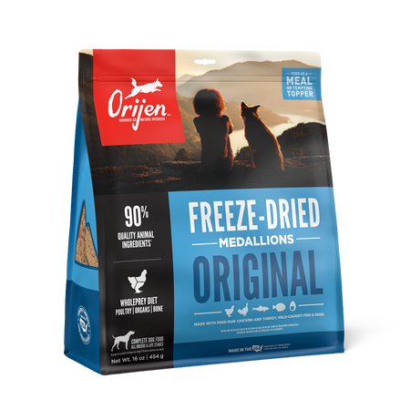 Front of Orijen Original Freeze-Dried Dog Food Medallions bag featuring 90% quality animal ingredients and WholePrey diet