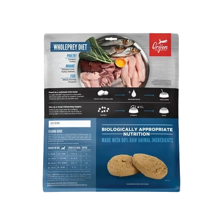 Back of Orijen Original Freeze-Dried Dog Food Medallions bag showing feeding guide, WholePrey diet details, and medallion pieces