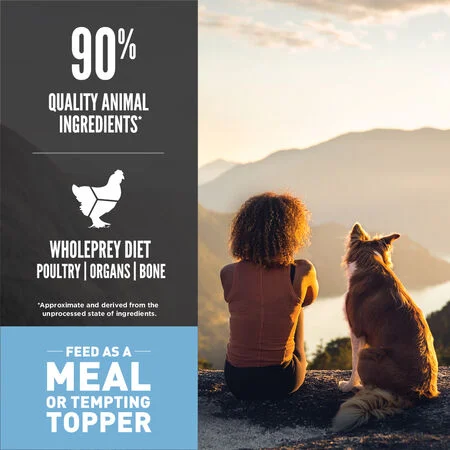 Orijen Original Freeze-Dried Dog Food WholePrey ingredients plate showing chicken, turkey, liver, giblets, herring, and flounder