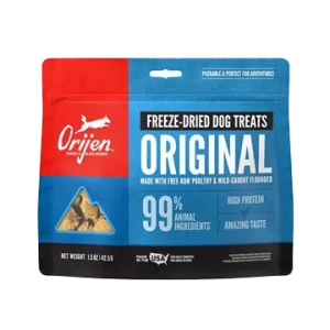 Front of Orijen Original Freeze-Dried Dog Treats bag featuring high-protein recipe made with free-run poultry and wild-caught flounder