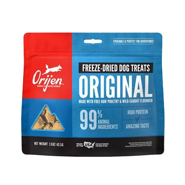 Front of Orijen Original Freeze-Dried Dog Treats bag featuring high-protein recipe made with free-run poultry and wild-caught flounder