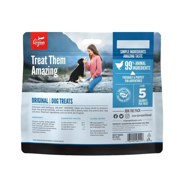 Back of Orijen Original Freeze-Dried Dog Treats bag showing guaranteed analysis, ingredients, calorie content, and lifestyle image of woman with dog