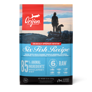 Front of Orijen Six Fish Dog Food bag featuring biologically appropriate nutrition with raw fish ingredients
