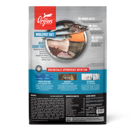 Back of Orijen Six Fish Dog Food bag showing ingredients and nutritional benefits