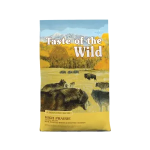 Front of Taste of the Wild High Prairie Adult Dog Food bag featuring grain-free recipe with roasted bison and roasted venison