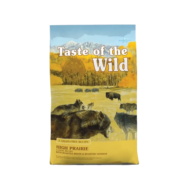 Front of Taste of the Wild High Prairie Adult Dog Food bag featuring grain-free recipe with roasted bison and roasted venison