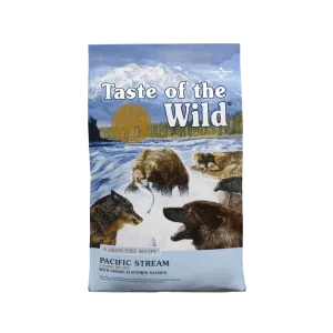 Front of Taste of the Wild Pacific Stream Adult Dog Food bag featuring grain-free recipe with smoke-flavored salmon