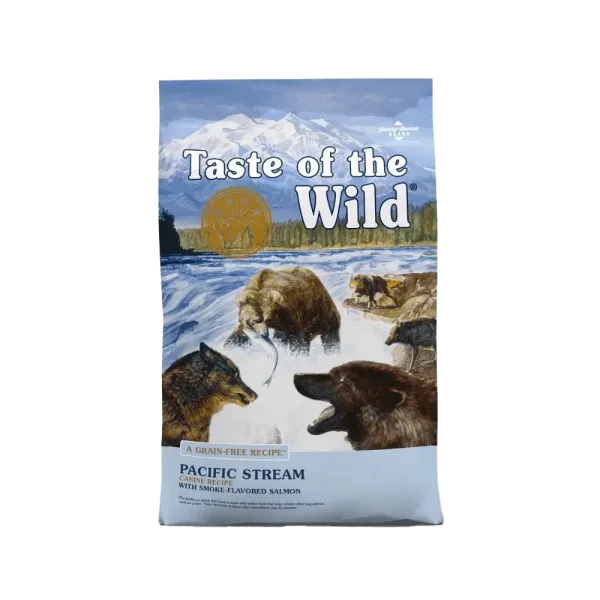 Front of Taste of the Wild Pacific Stream Adult Dog Food bag featuring grain-free recipe with smoke-flavored salmon