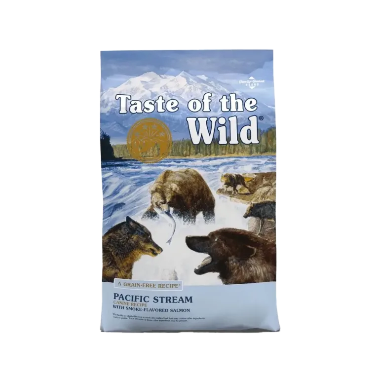 Front of Taste of the Wild Pacific Stream Adult Dog Food bag featuring grain-free recipe with smoke-flavored salmon