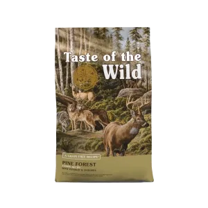 Front of Taste of the Wild Pine Forest Adult Dog Food bag featuring grain-free recipe with venison and legumes