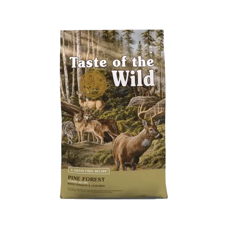 Front of Taste of the Wild Pine Forest Adult Dog Food bag featuring grain-free recipe with venison and legumes