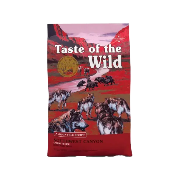 Front of Taste of the Wild Southwest Canyon Adult Dog Food bag featuring grain-free recipe with wild boar