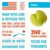 INFOGRAPHIC_JIVE_1400x West Paw Jive K9 training ball infographic showing eco-friendly and tough dog toy features