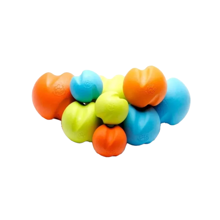 Smart Tac K9 training balls in orange, blue and green for search and rescue dogs