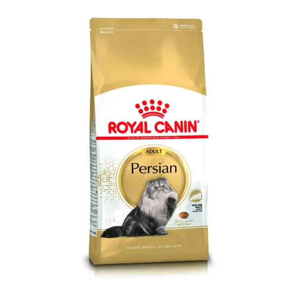Front packaging of Royal Canin Feline Breed Nutrition Persian Adult dry cat food, formulated for long-haired Persian cats to support coat health and digestion.