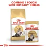 Royal Canin Persian Adult dry and wet cat food shown together, illustrating the recommendation to combine one pouch of Persian in Loaf with daily kibbles for balanced nutrition.